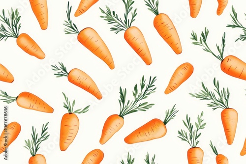 Whimsical carrot and floral pattern on a white background, perfect for spring or Easter-themed designs with a playful touch.