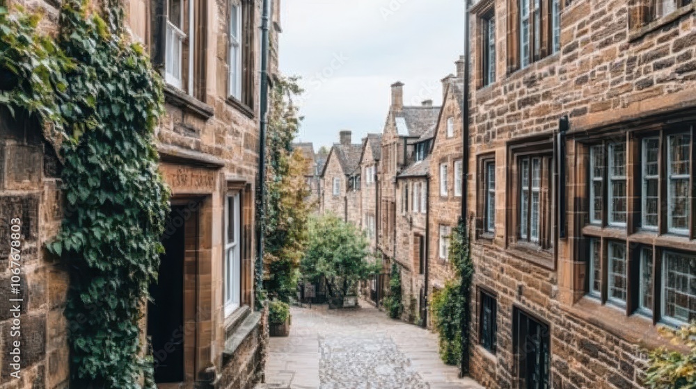 A misty medieval street with stone buildings and a looming tower, illuminated by dim lantern light. Concept: mystery, old-world charm.