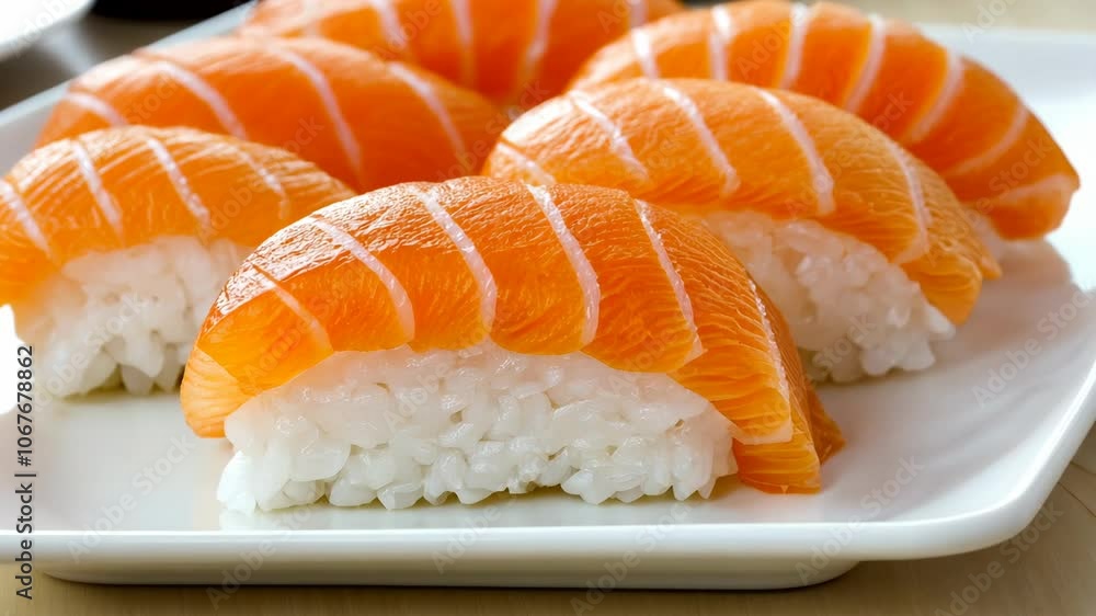 Salmon sushi on a white plate, perfect for a light lunch Salmon sushi on a white plate, perfect for a light lunch