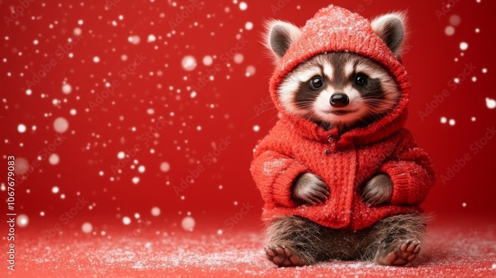 Cute cozy racoon enjoys snowy winter Christmas banner. Cute happy pet portrait. Seasonal banner design with place for text. Cute cozy racoon enjoys snowy winter Christmas banner. Cute happy pet portrait. Seasonal banner design with place for text.
