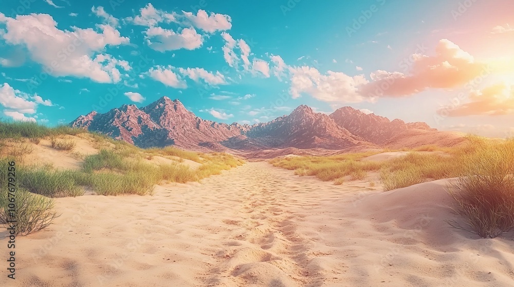 Fototapeta premium Serene desert landscape with mountains and vibrant sky at sunset.