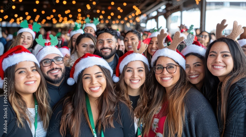 Diverse group of friends laughing together in matching red Christmas sweaters. Concept: friendship, holiday cheer, togetherness Diverse group of friends laughing together in matching red Christmas sweaters. Concept: friendship, holiday cheer, togetherness