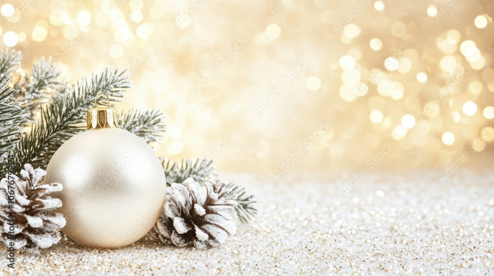 Golden gifts and baubles on a white background with scattered stars. Concept: celebration, joy, holiday season Golden gifts and baubles on a white background with scattered stars. Concept: celebration, joy, holiday season