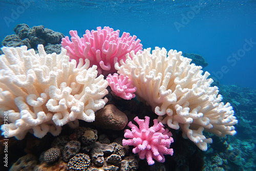 Underwater concept. Close-up of pink coral under blue ocean water. Outdoor shot photo