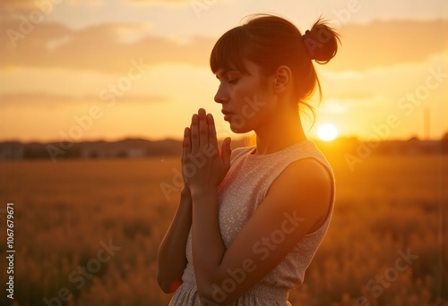 Teenager Girl closed her eyes, praying in a field during beautiful sunset. Hands folded in prayer concept for faith, spirituality and religion. Peace, hope, dreams concept