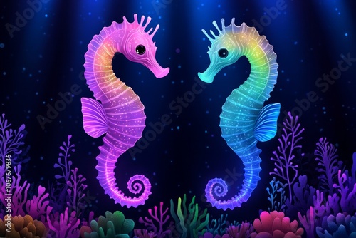 Bioluminescent seahorses gracefully floating above a colorful coral reef under shimmering ocean light