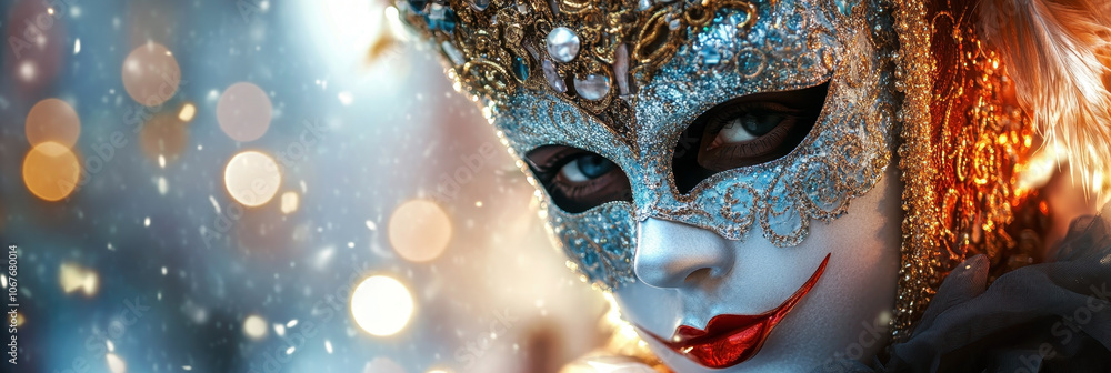 Gold and silver Venetian carnival mask on a blurred background. Bokeh effect. Traditional carnival in Venice. Template for card, poster, web. Horizontal banner. Copy space. Gold and silver Venetian carnival mask on a blurred background. Bokeh effect. Traditional carnival in Venice. Template for card, poster, web. Horizontal banner. Copy space.