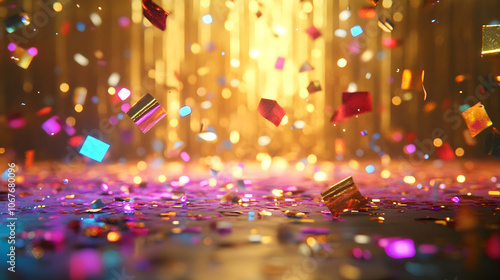 Festive scene with flying neon confetti and a golden background 