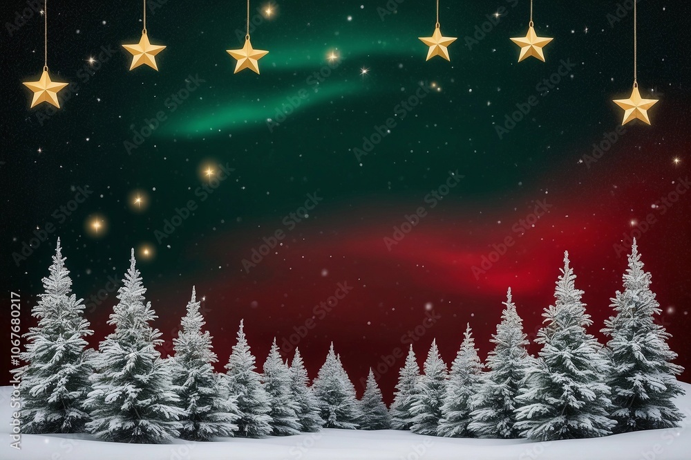 christmas red and green background with golden stars and snow-covered trees christmas red and green background with golden stars and snow-covered trees