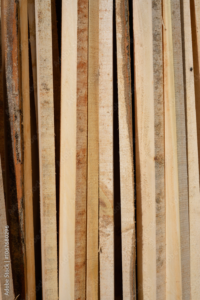 Stacked Timber Planks Drying Outdoors. A collection of freshly cut timber planks stacked against a wall outdoors, drying in the sun for construction or woodworking purposes.
Stacked Timber Planks Drying Outdoors. A collection of freshly cut timber planks stacked against a wall outdoors, drying in the sun for construction or woodworking purposes.