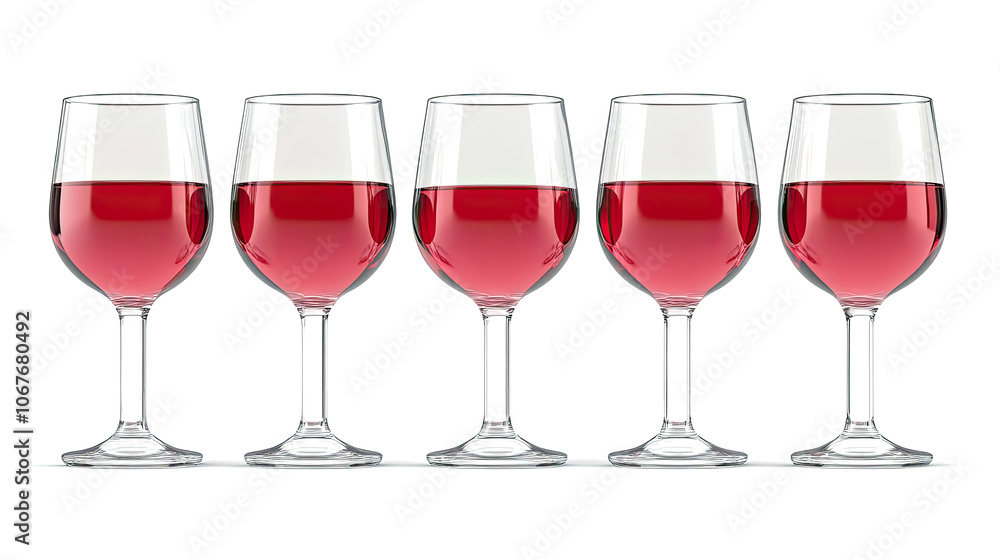 Five Elegant Wine Glasses With Red Wine on White Generative AI Five Elegant Wine Glasses With Red Wine on White Generative AI