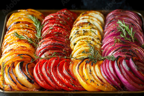 Close-up of a vibrant, oven-baked ratatouille featuring layered, thinly sliced vegetables such as tomatoes, zucchini, and red onions garnished with sprigs of fresh rosemary ready for serving photo