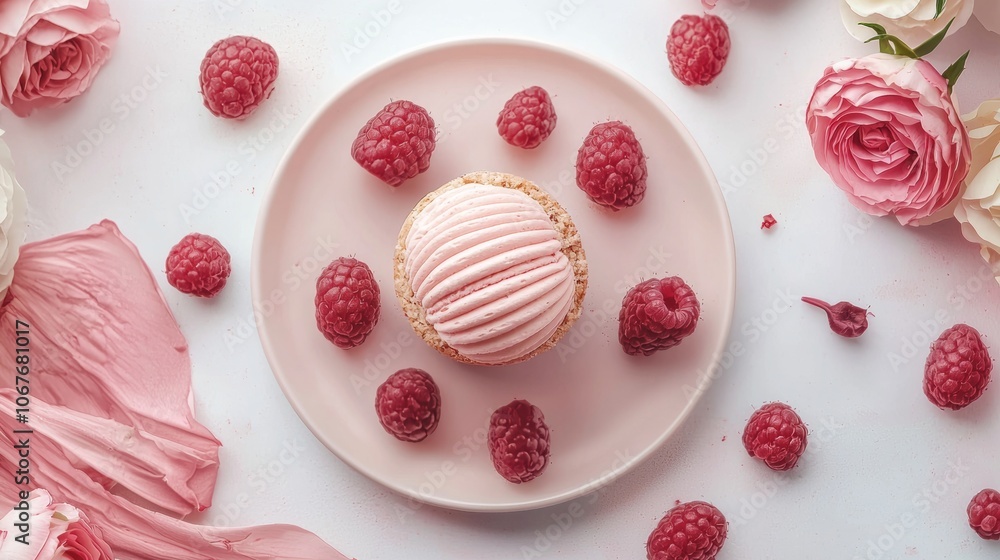 Delicate raspberry tart with roses on a pastel background Delicate raspberry tart with roses on a pastel background