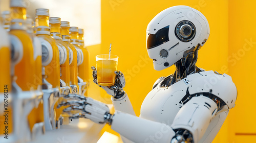 Futuristic Service: Humanoid cyborg serving drinks at a party, set against a bright yellow backdrop. 