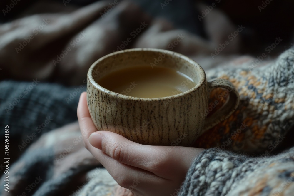 Cozy moment with a hand holding a hot cup of herbal tea