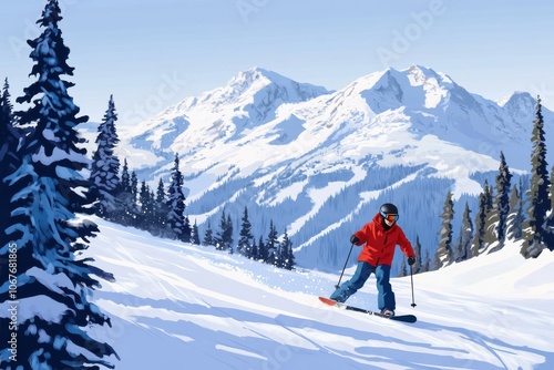 Young woman in red jacket snowboarding down snowy mountain slope