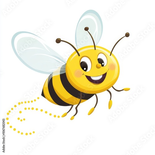 A cheerful and cute animated bee with translucent wings, radiating happiness as it buzzes through the air. Perfect for cartoons or children's books.