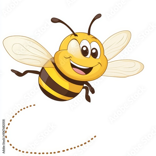 A delightful cartoon bee with large eyes and wings open, embodying a sense of joy and playfulness as it dances through the air. Ideal for kids' stories.