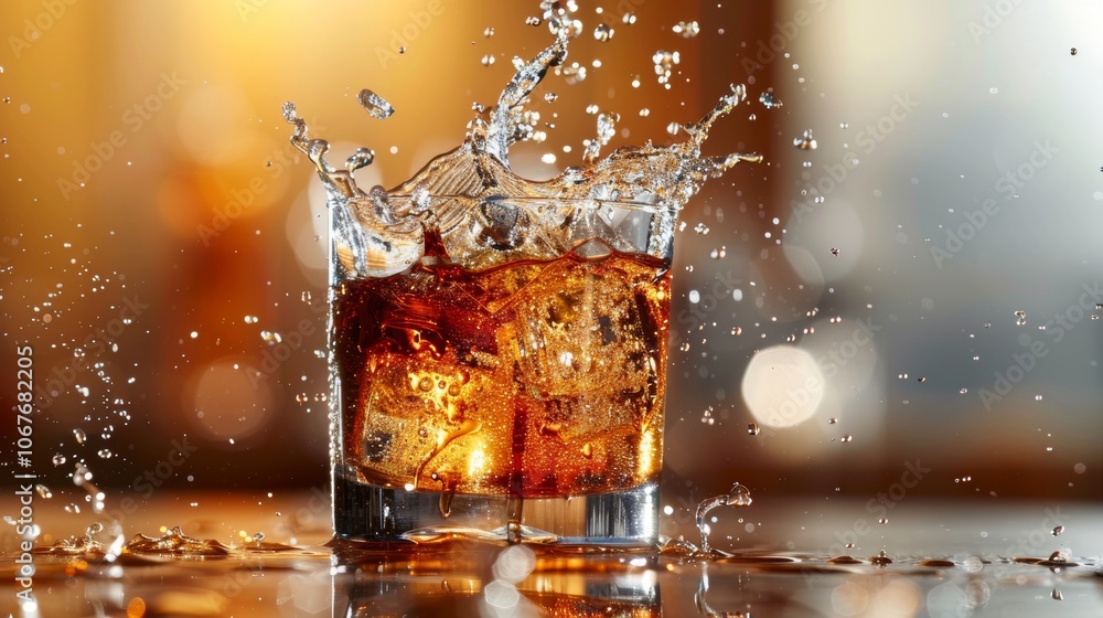 Glass of splashing whiskey with ice cubes on a warm background Glass of splashing whiskey with ice cubes on a warm background