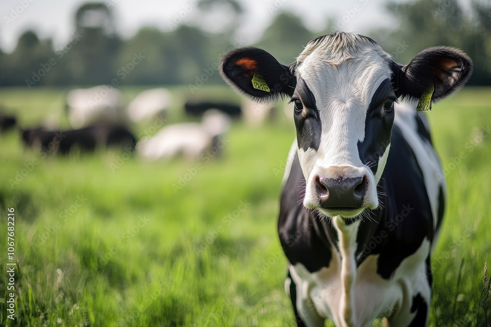Black and White Cow in a Green Meadow with Cows Resting in the Background Black and White Cow in a Green Meadow with Cows Resting in the Background