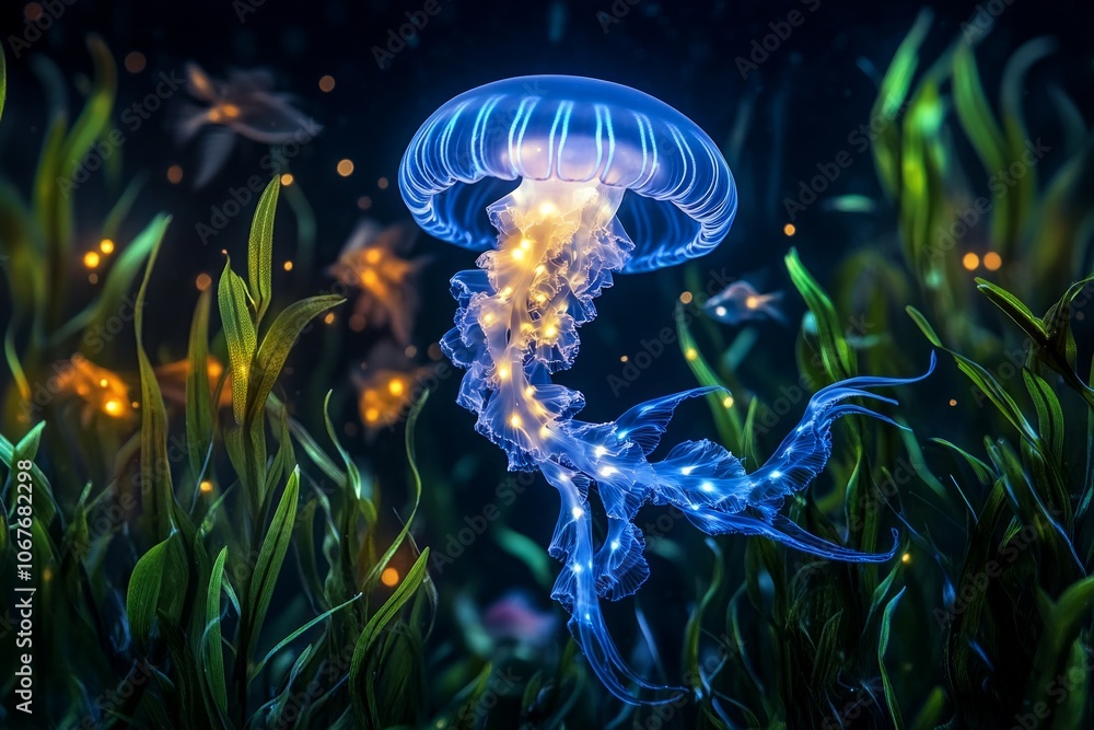 Fototapeta premium A neon blue jellyfish gliding gracefully through clear waters with bioluminescent creatures in the background