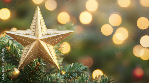 Golden star as a Christmas tree topper isolated 