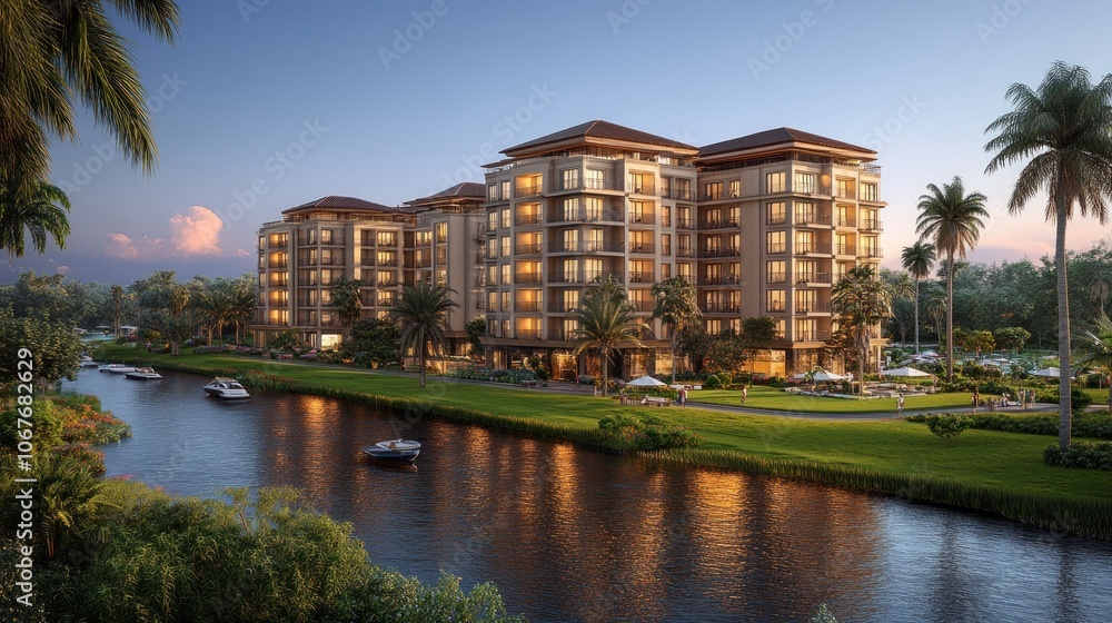 A modern apartment complex with a waterfront view and lush landscaping. A modern apartment complex with a waterfront view and lush landscaping.