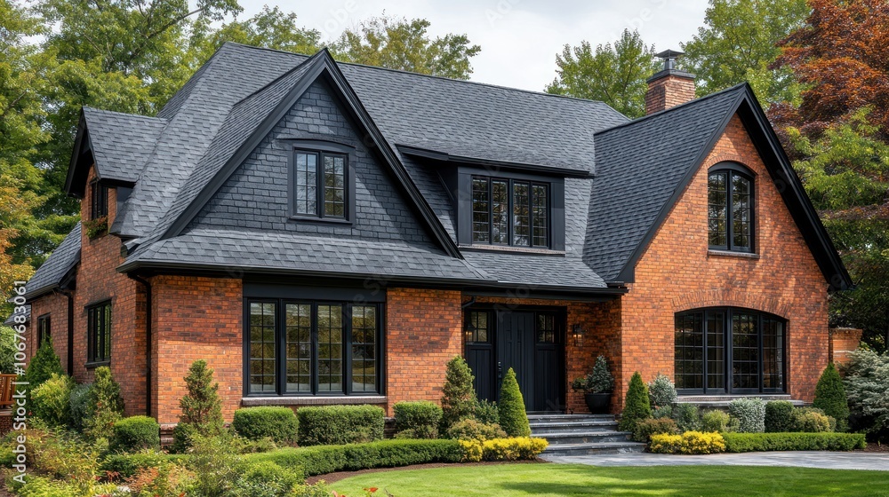 A modern brick house with black trim and windows, a black roof and lush green landscaping. A modern brick house with black trim and windows, a black roof and lush green landscaping.