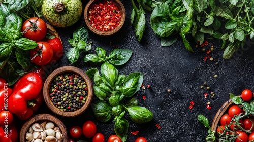 Fresh organic vegetables and spices on dark slate background