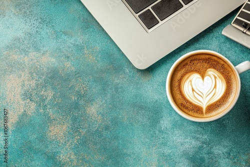 Modern business desk setup showcasing a sleek laptop, a minimalist notebook, and a cup of black coffee, all arranged on a rich wooden surface, creating a stylish and functional workspace ideal for foc photo