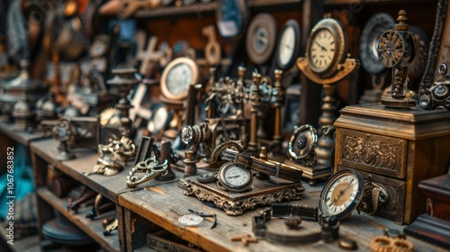 Vintage antiques and clocks collection on wooden shelves