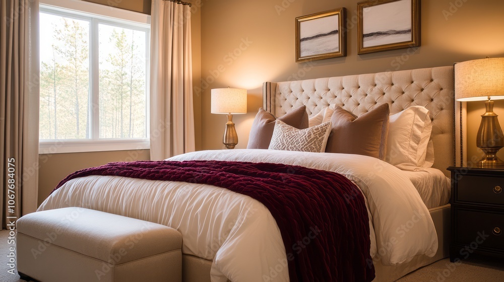 Luxurious Bedroom with Large Window and Red Throw Blanket Luxurious Bedroom with Large Window and Red Throw Blanket