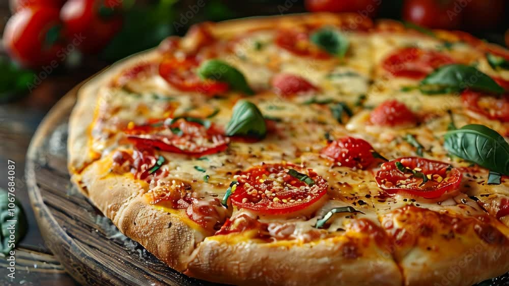 Close-up of a traditional Italian pizza on a table with a bokeh background Close-up of a traditional Italian pizza on a table with a bokeh background