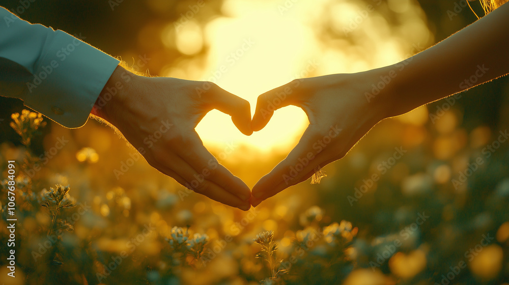 Two hands create a heart shape against a beautiful sunset background in a field of flowers, Couple making heart with hands Two hands create a heart shape against a beautiful sunset background in a field of flowers, Couple making heart with hands
