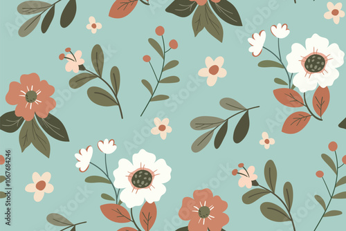 Seamless floral pattern, retro style ditsy print in hippie motif. Cute botanical design of simple hand drawn plants: small and large daisy flowers, leaves on blue background. Vector illustration.