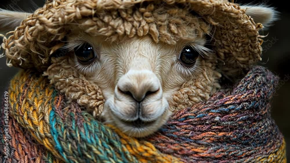A fluffy alpaca wears a colorful scarf and looks directly at the camera A fluffy alpaca wears a colorful scarf and looks directly at the camera