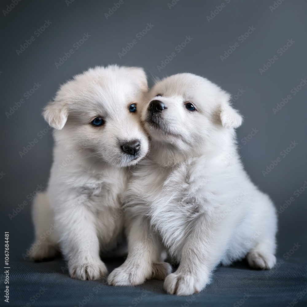 Adorable 2 White Puppies Hugging isolated on a Gray Background Adorable 2 White Puppies Hugging isolated on a Gray Background