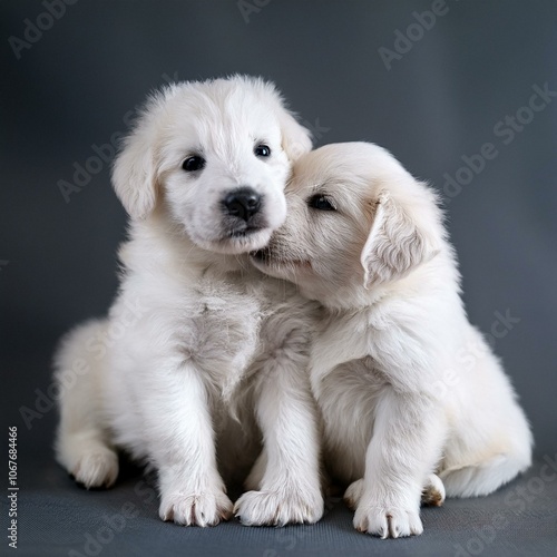 Adorable 2 White Puppies Hugging isolated on a Gray Background