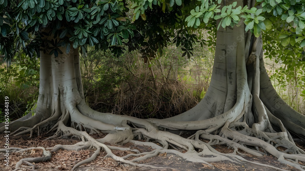 Obraz premium Trees with dark and light green leaves, intertwined roots on leafy ground