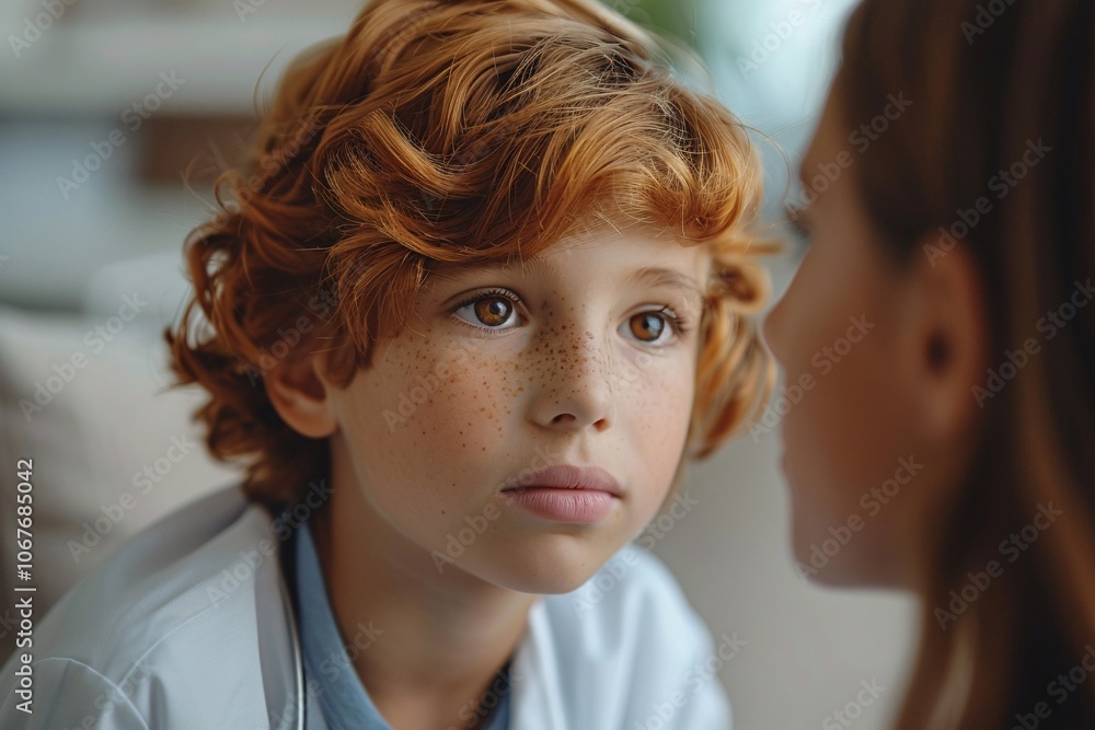 Fototapeta premium A young boy with curly red hair and freckles sits quietly, gazing thoughtfully at a girl nearby during a meaningful conversation in a cozy indoor setting