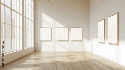 A room with three white paintings on the wall