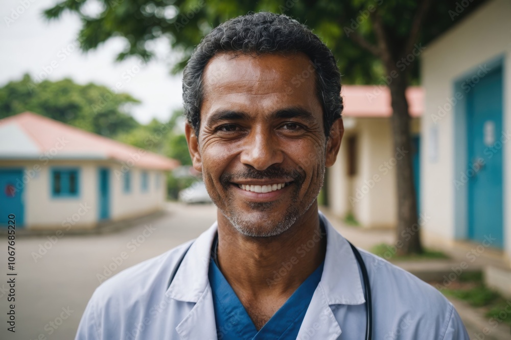 Close portrait of a smiling 40s East Timorese man doctor looking at the camera, East Timorese hospital blurred background Close portrait of a smiling 40s East Timorese man doctor looking at the camera, East Timorese hospital blurred background