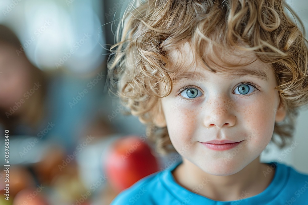 A cheerful young boy with curly blonde hair and striking blue eyes smiles warmly, capturing a moment of joy. The background hints at a casual indoor atmosphere filled with light A cheerful young boy with curly blonde hair and striking blue eyes smiles warmly, capturing a moment of joy. The background hints at a casual indoor atmosphere filled with light