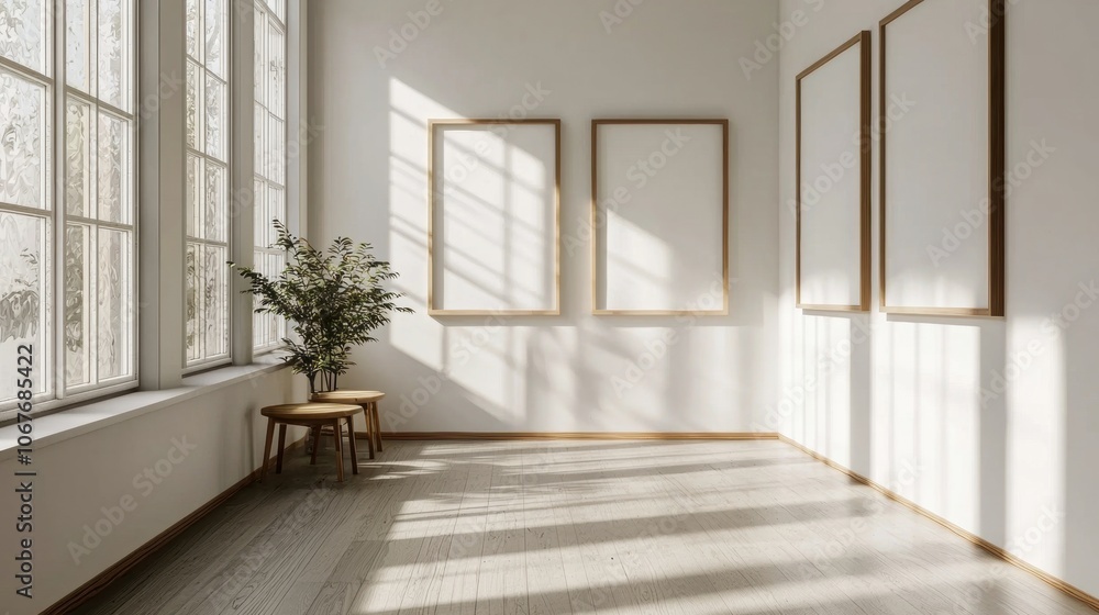 Fototapeta premium A white room with two empty frames on the wall and a plant in the corner