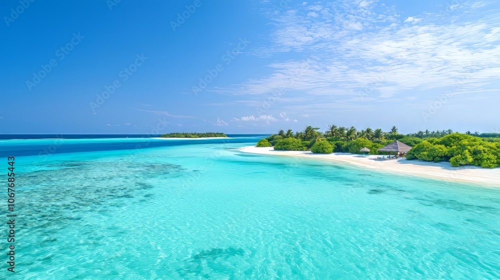 A serene tropical beach with clear turquoise waters and lush greenery. A serene tropical beach with clear turquoise waters and lush greenery.