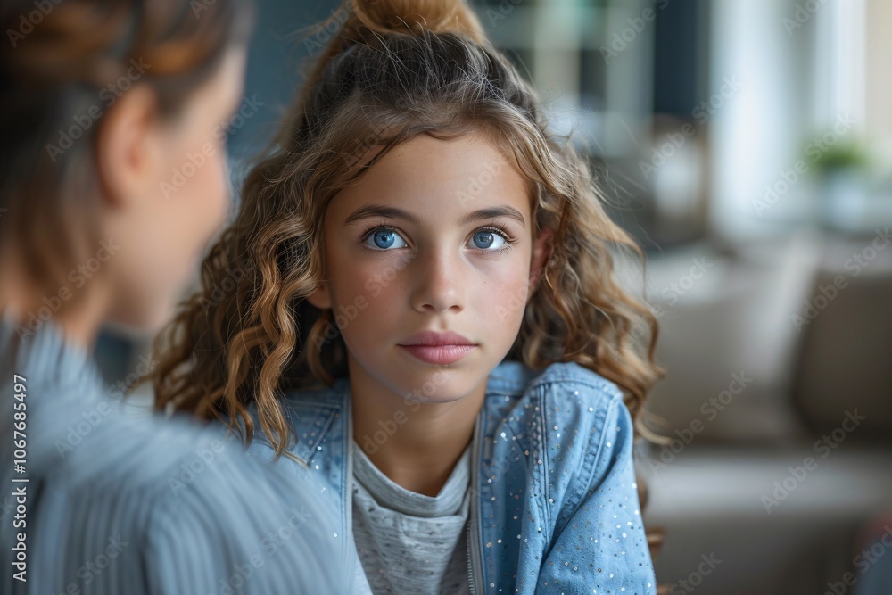 A girl with curly hair and striking blue eyes listens attentively while engaging in a conversation at home, showcasing an intimate and thoughtful moment A girl with curly hair and striking blue eyes listens attentively while engaging in a conversation at home, showcasing an intimate and thoughtful moment