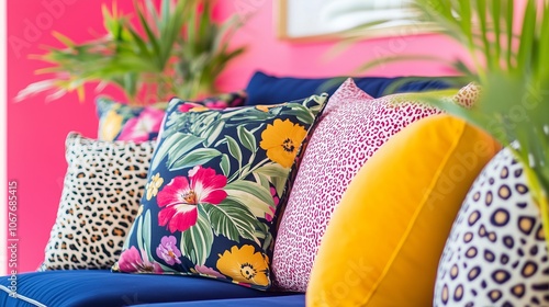 eclectic display of cushions, with bold patterns including ikat, floral, and leopard print, paired with vibrant colors like fuchsia and navy, creating a maximalist aesthetic photo