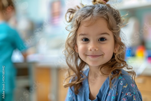 Wallpaper Mural A young girl with curly hair beams happily while sitting in a pediatric clinic. Healthcare professionals work in the background, ensuring a friendly environment for children Torontodigital.ca