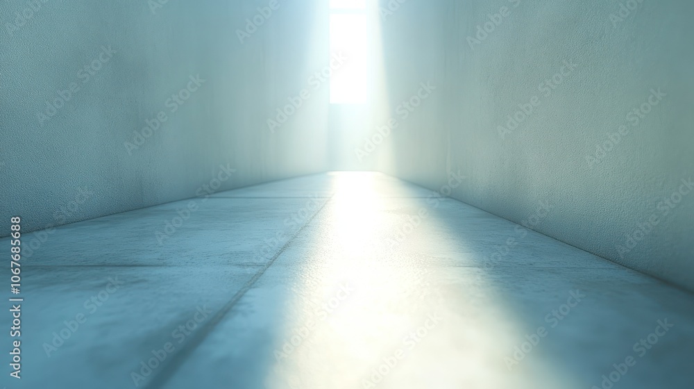 A narrow concrete hallway with a bright light at the end. A narrow concrete hallway with a bright light at the end.