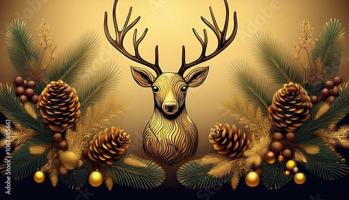 scene of a reindeer silhouette surrounded by pine branches pinecones and golden decorative berries ideal for holiday greeting cards christmas themed backgrounds photo